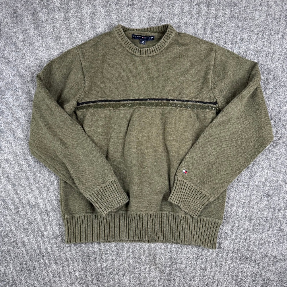 Tommy Hilfiger Sweater Mens Size L Olive Green Lambs Wool Blend Crewneck Ribbed